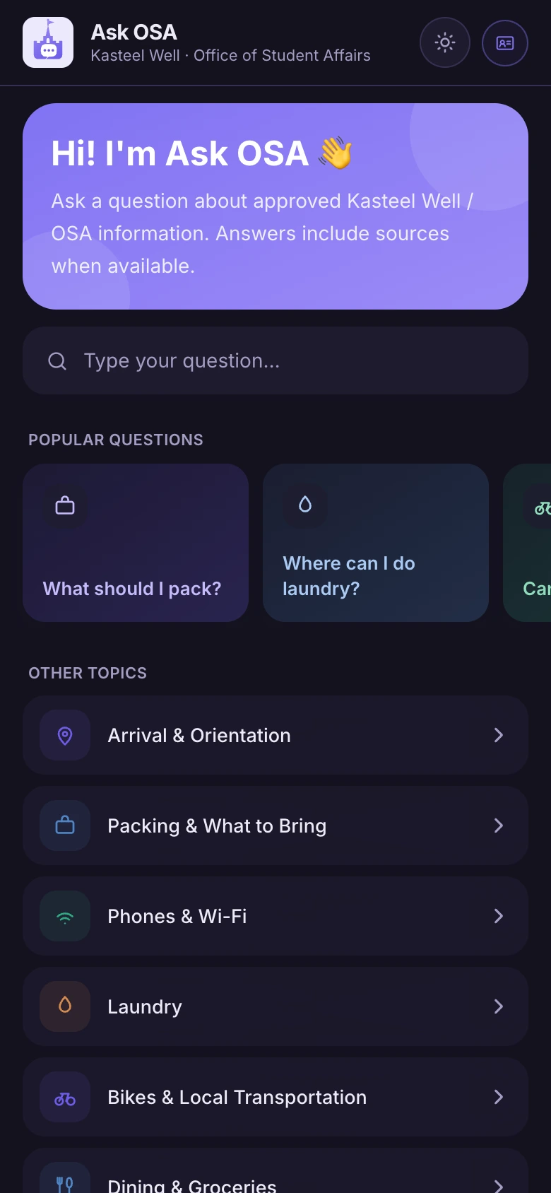 The same home screen in dark mode.