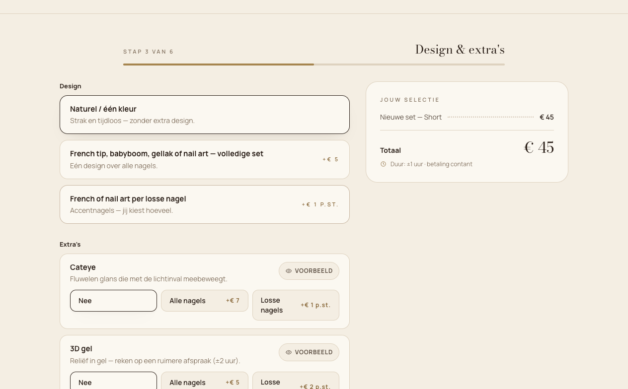 Step three of the live booking flow, choosing design and extras