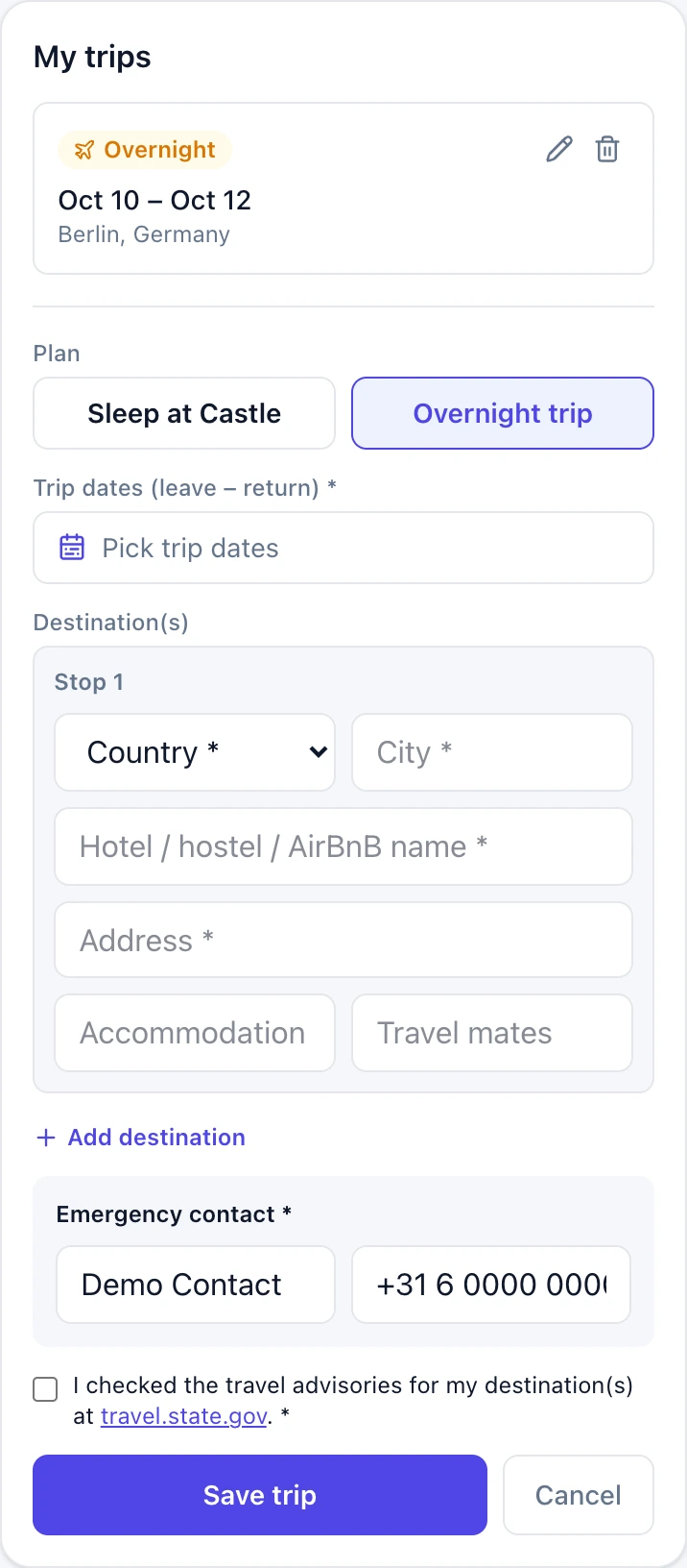 The trip registration form on a phone.