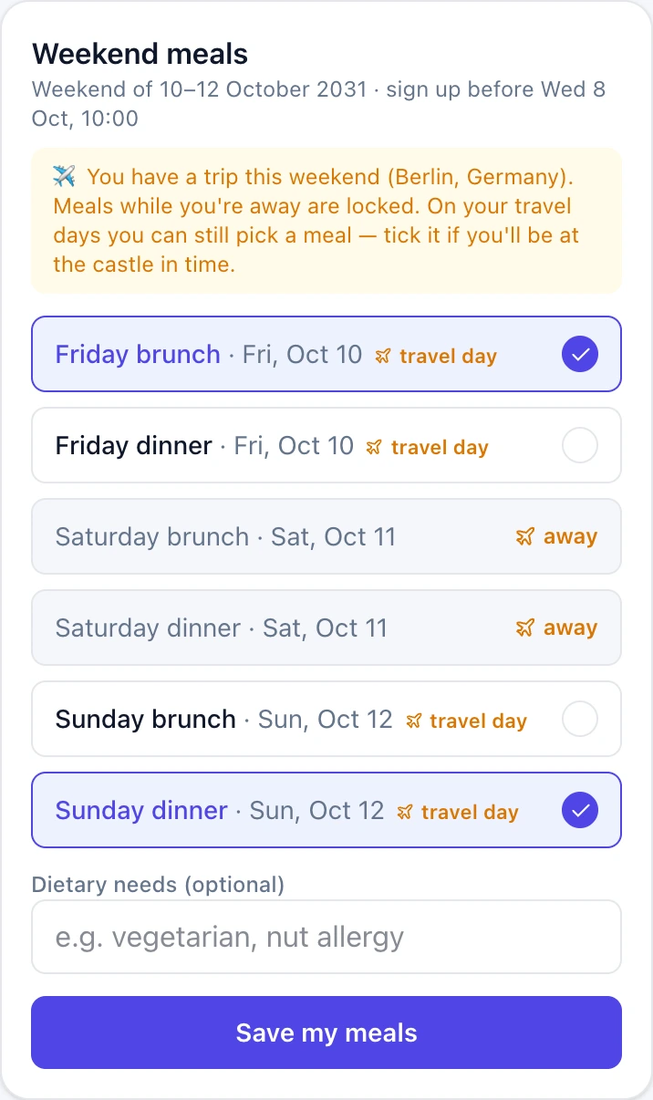 The weekend meal picker during a trip. Saturday's brunch and dinner are greyed out and marked away; Friday and Sunday stay bookable and are marked travel day, under a banner explaining why.